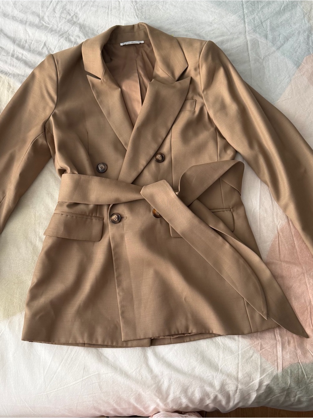 Reformation | Camel Double-Breasted Belted Blazer